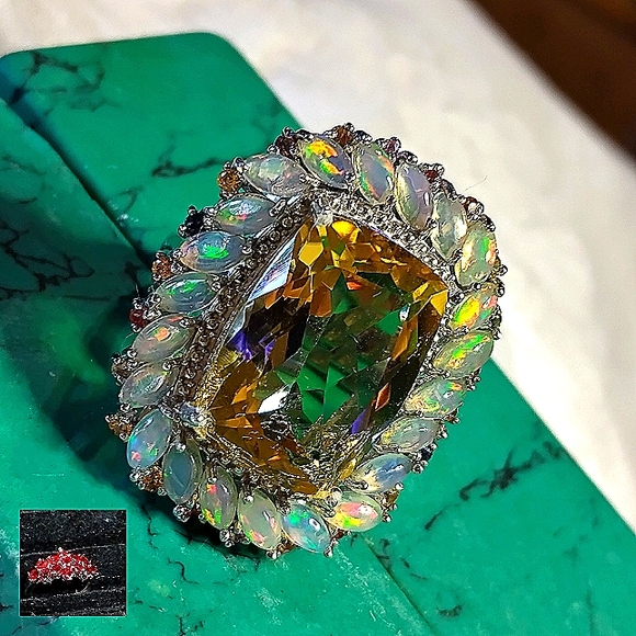 BEAUTY, FIRE & BRILLIANCE. FIRE OPAL SURROUNDS BRAZILIAN CITRINE. STERLING SZ 6. - Picture 4 of 12